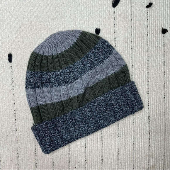 R The Rail Grey and Green Stripe Ribbed Beanie - Picture 2 of 4